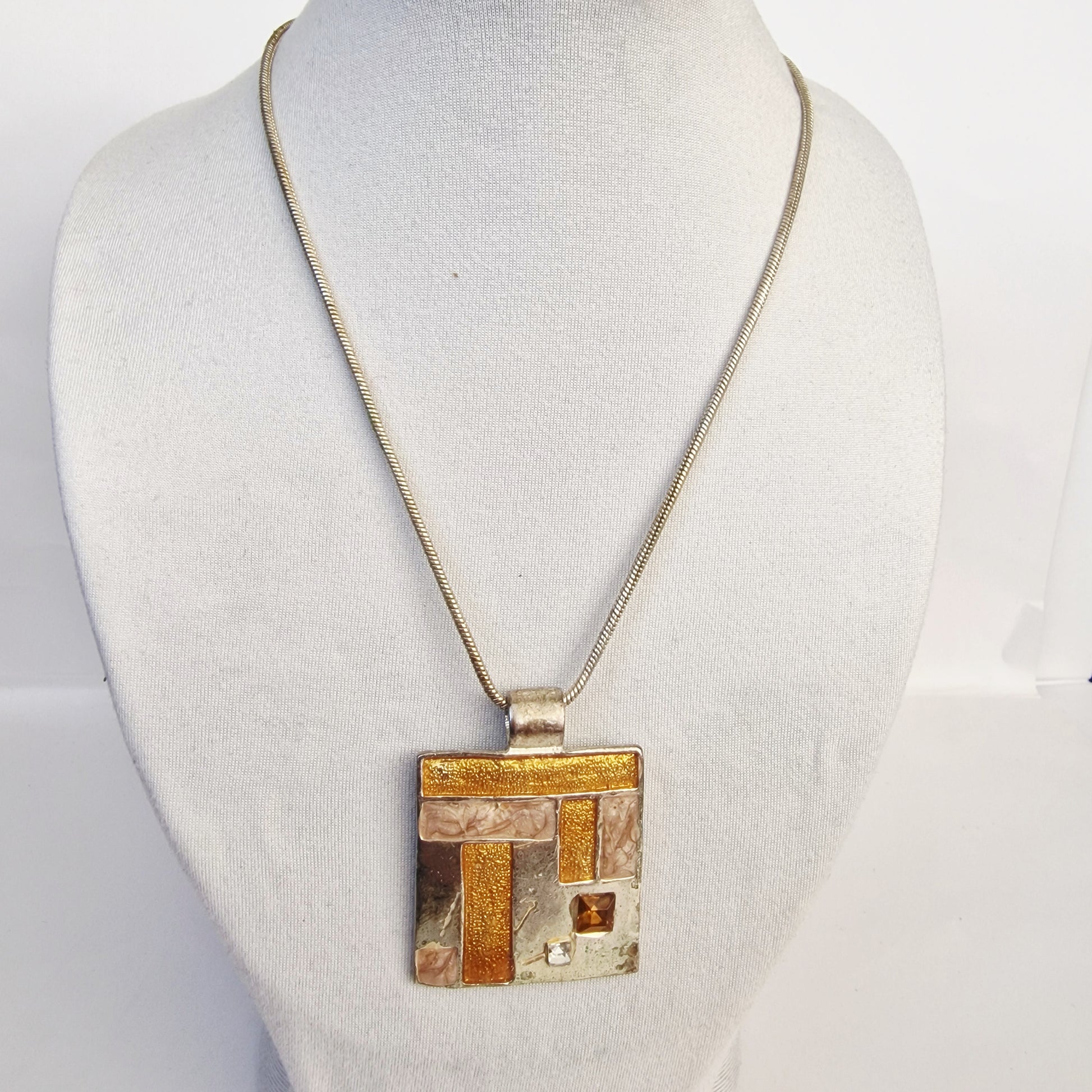 Vintage 1990s Silver-Tone Geometric Square Pendant Necklace Mixed Metal Amber
