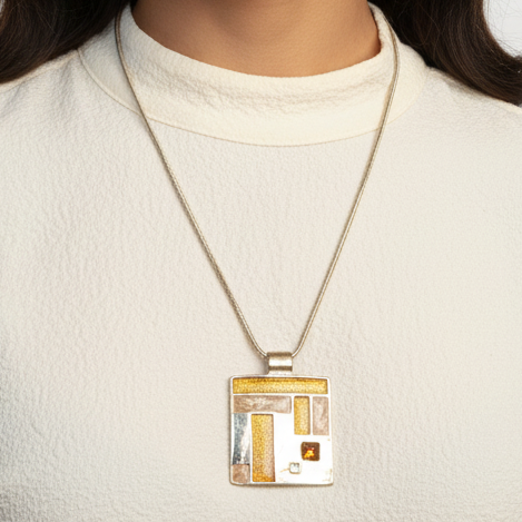 Vintage 1990s Silver-Tone Geometric Square Pendant Necklace Mixed Metal Amber