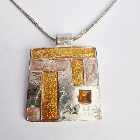 Vintage 1990s Silver-Tone Geometric Square Pendant Necklace Mixed Metal Amber – photo 2