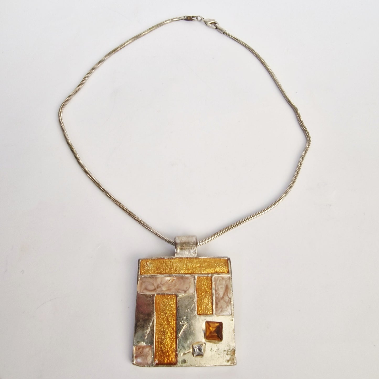 Vintage 1990s Silver-Tone Geometric Square Pendant Necklace Mixed Metal Amber – photo 3
