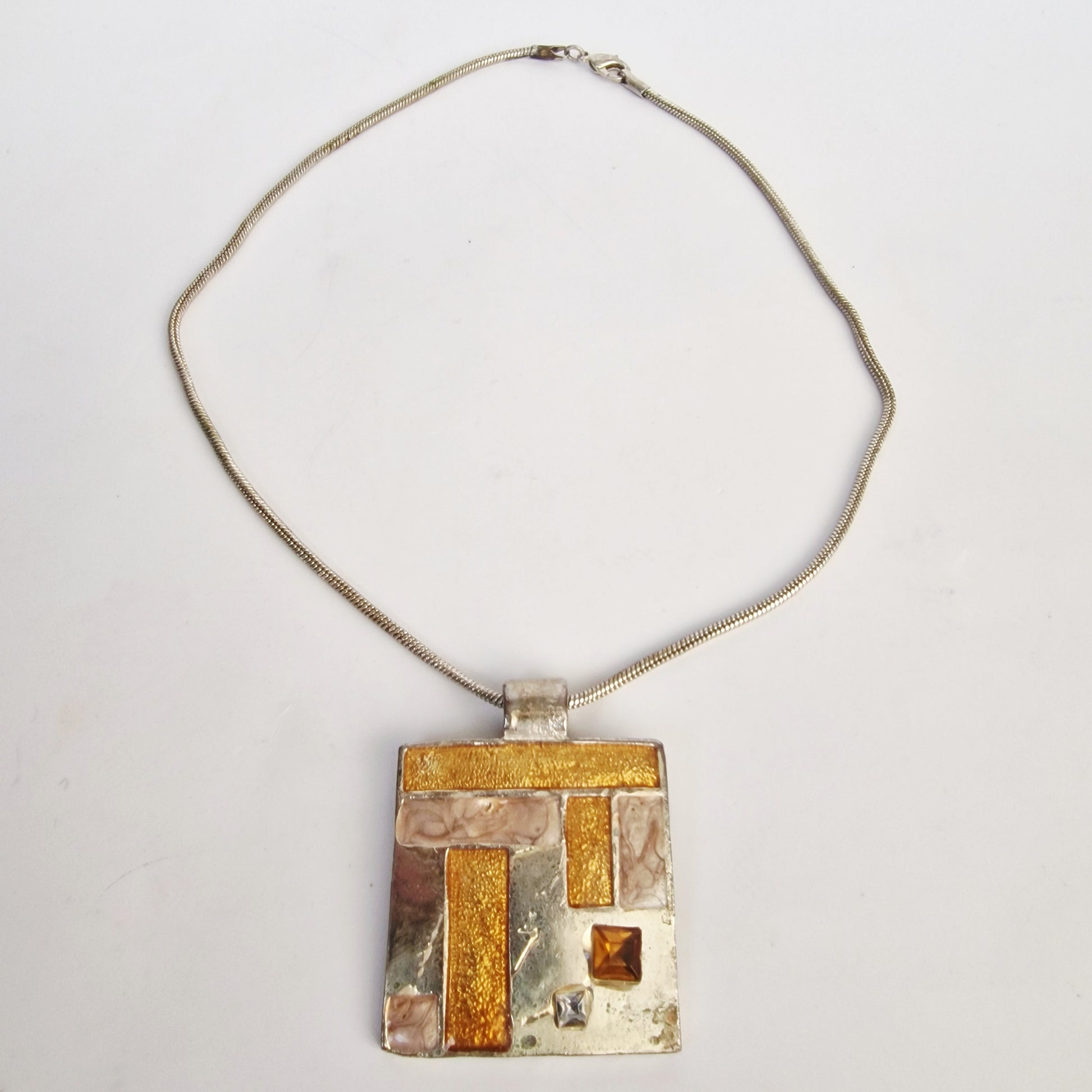 Vintage 1990s Silver-Tone Geometric Square Pendant Necklace Mixed Metal Amber – photo 3