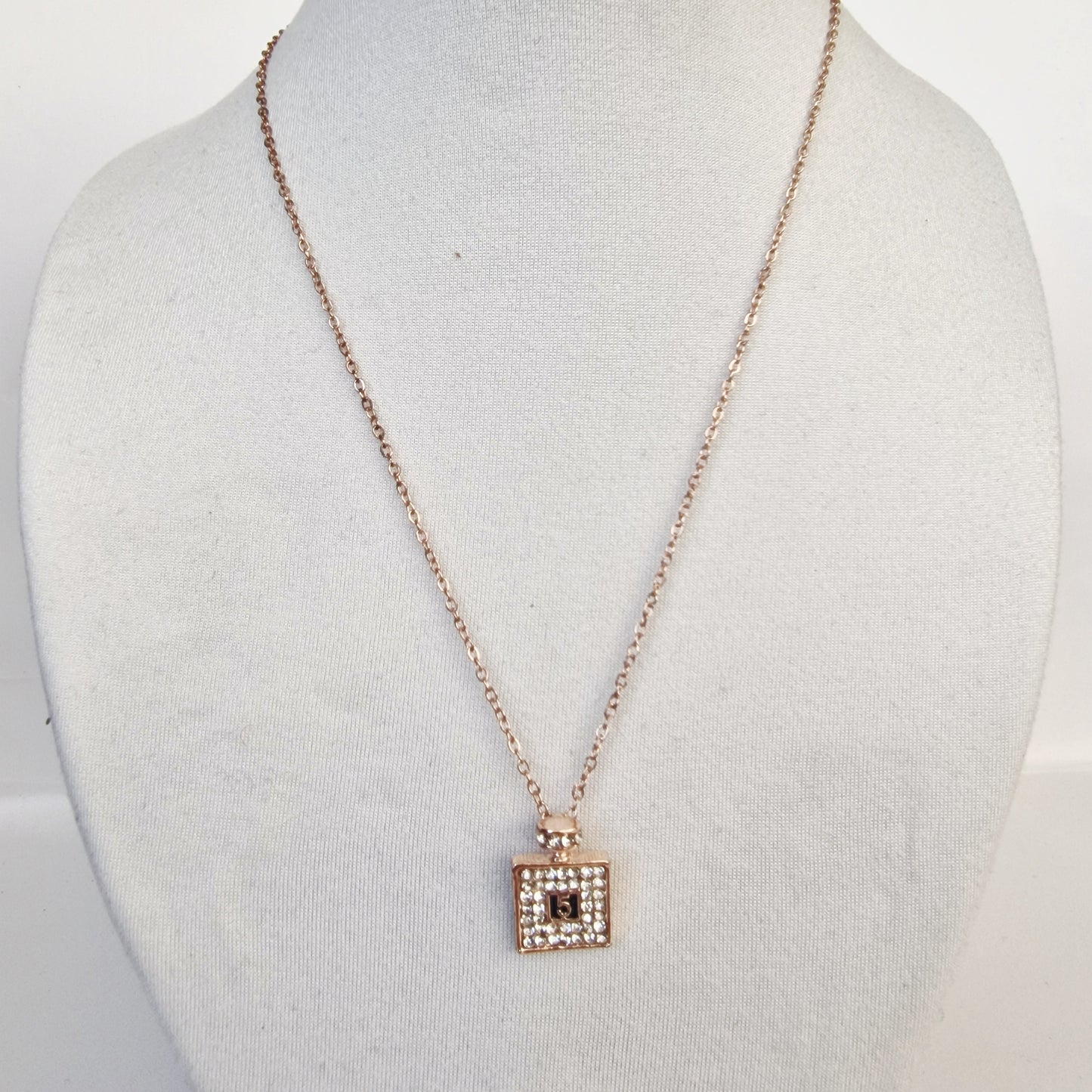 Vintage 1990s Gold-Tone Rhinestone Necklace No 5 Perfume Bottle Figural Costume