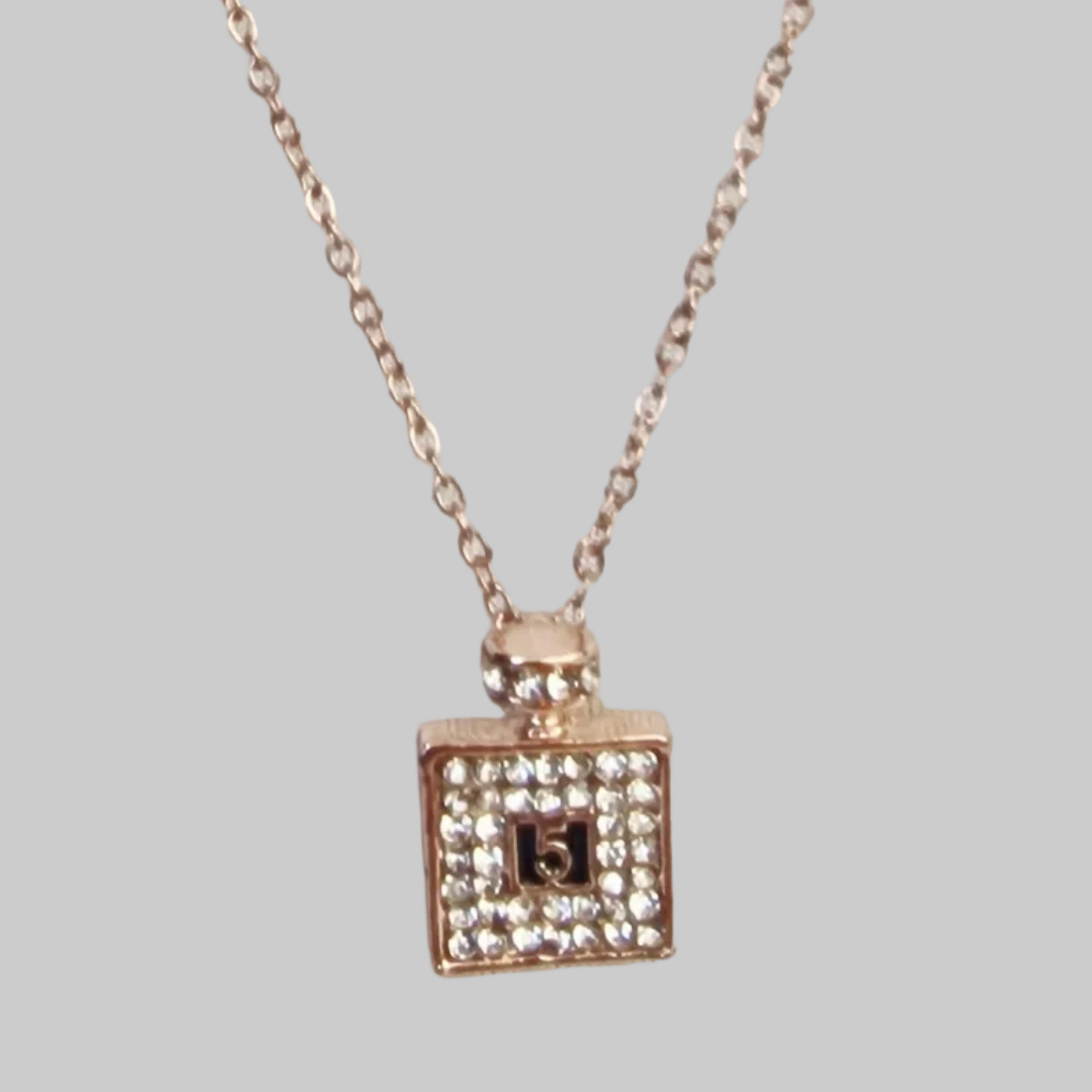 Vintage 1990s Gold-Tone Rhinestone Necklace No 5 Perfume Bottle Figural Costume