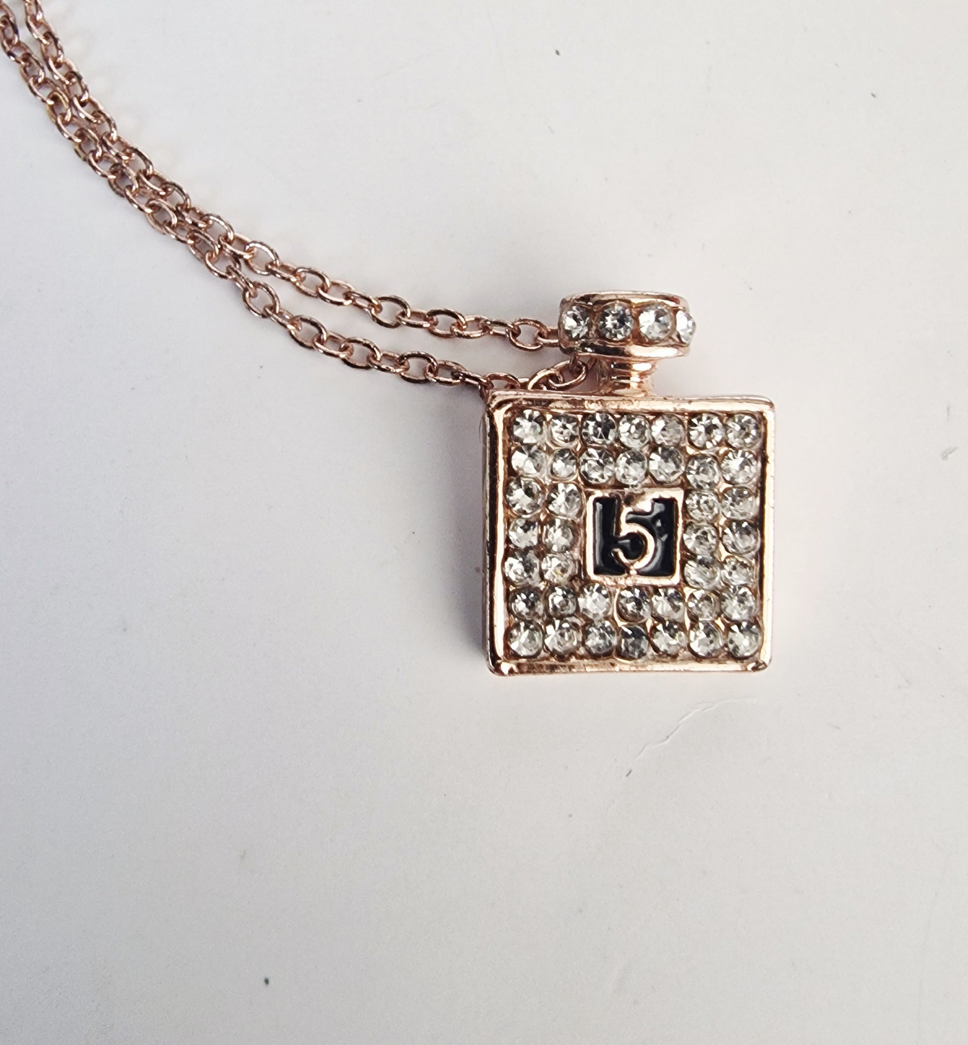 Vintage 1990s Gold-Tone Rhinestone Necklace No 5 Perfume Bottle Figural Costume – photo 3