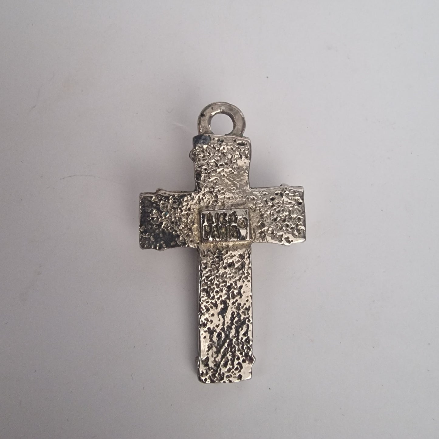 Vintage 1970s Silver-Tone Byzantine Cross Pendant Green Intaglio Stone Religious