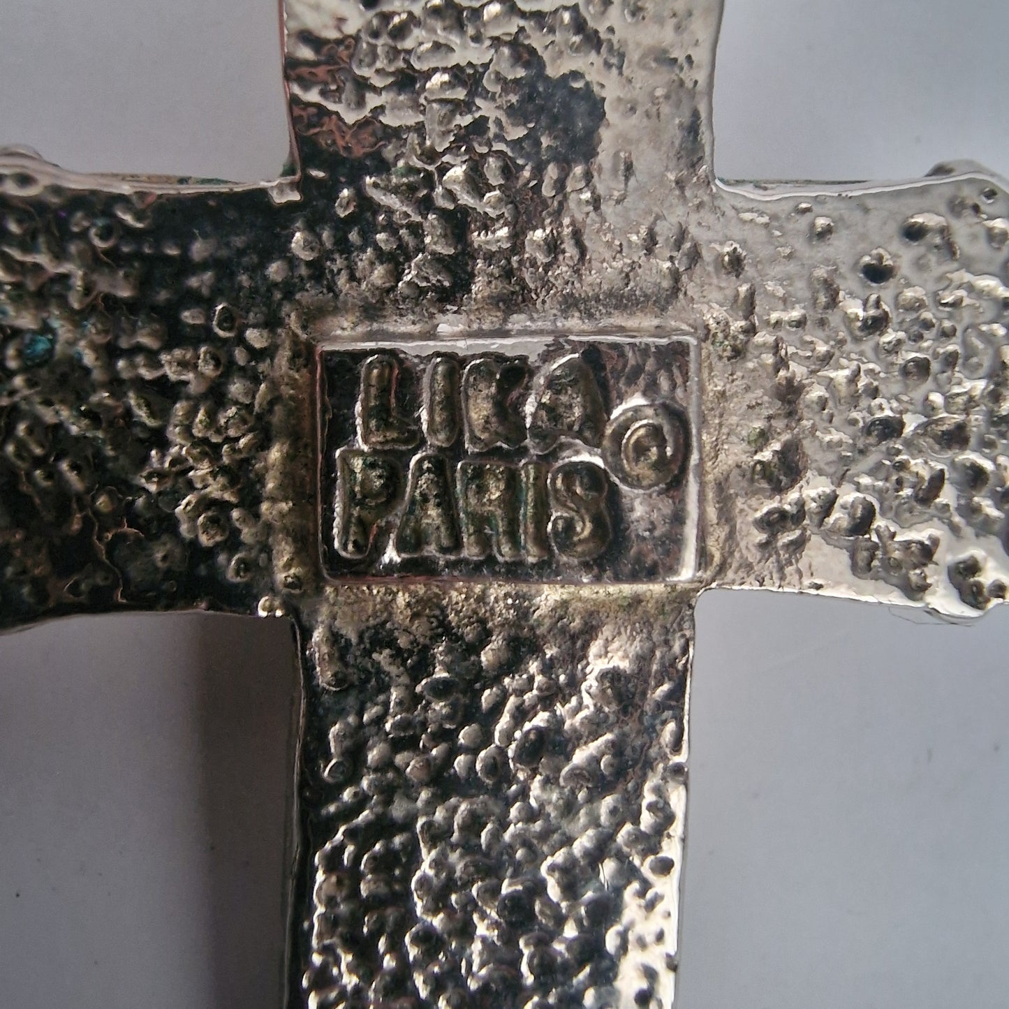 Vintage 1970s Silver-Tone Byzantine Cross Pendant Green Intaglio Stone Religious
