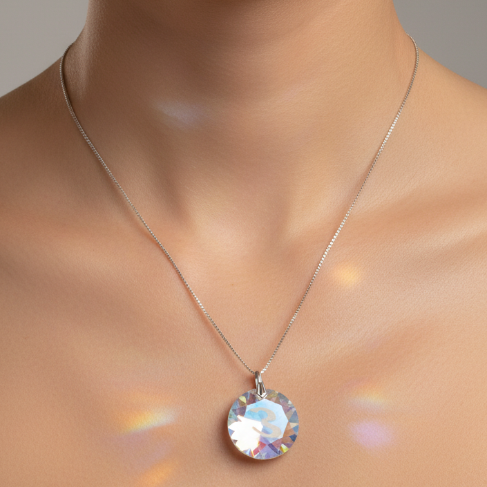 Vintage 1980s Silver-Tone Aurora Borealis Round Faceted Crystal Pendant Necklace