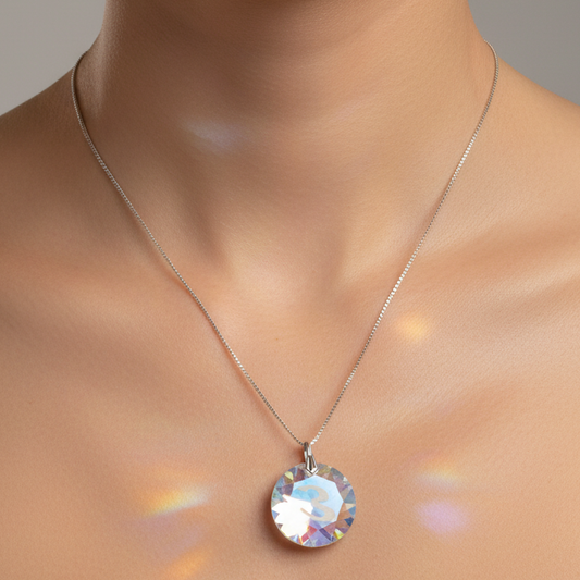 Vintage 1980s Silver-Tone Aurora Borealis Round Faceted Crystal Pendant Necklace