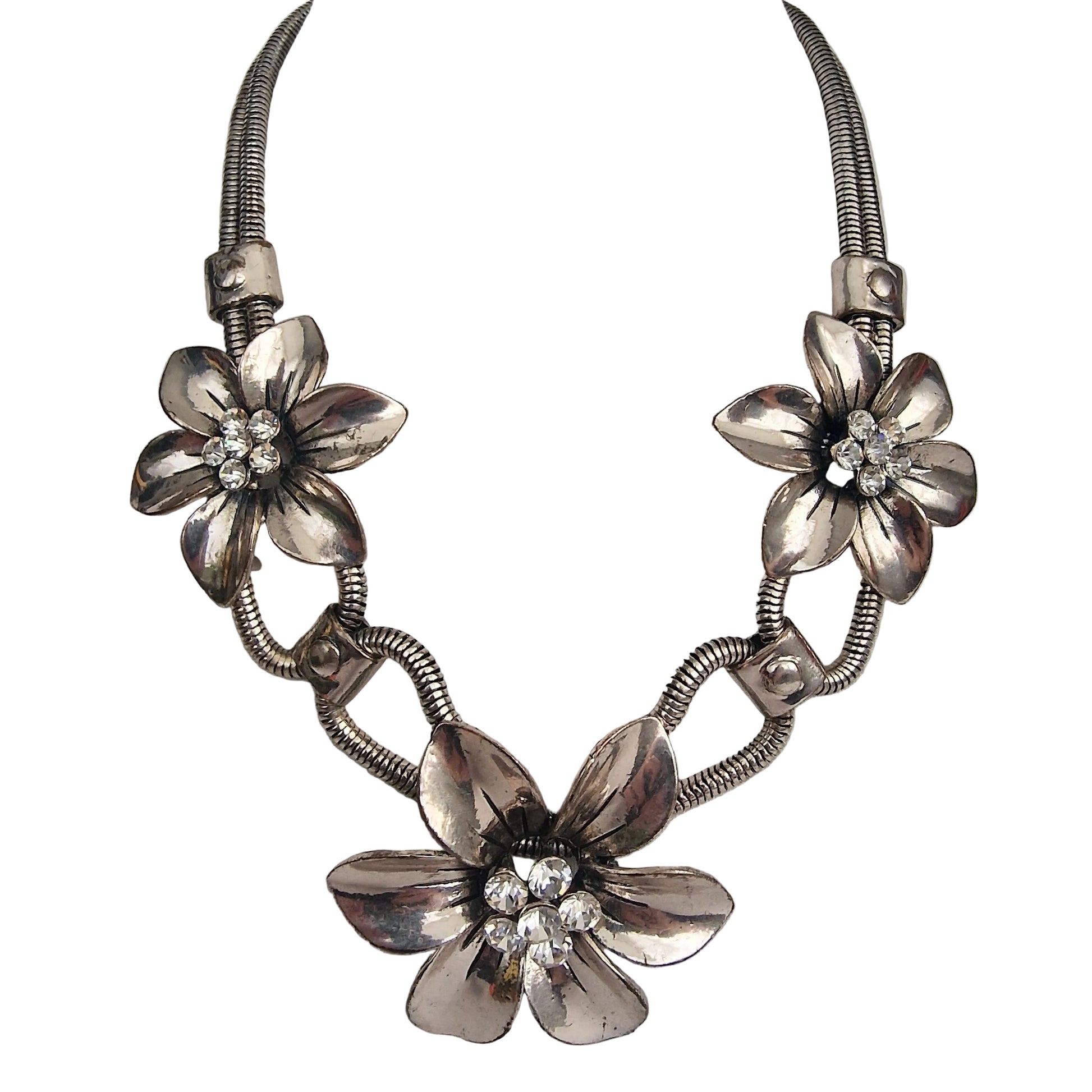 Vintage 1980s Silver-Tone Floral Necklace Three Rhinestone Flowers Snake Chain
