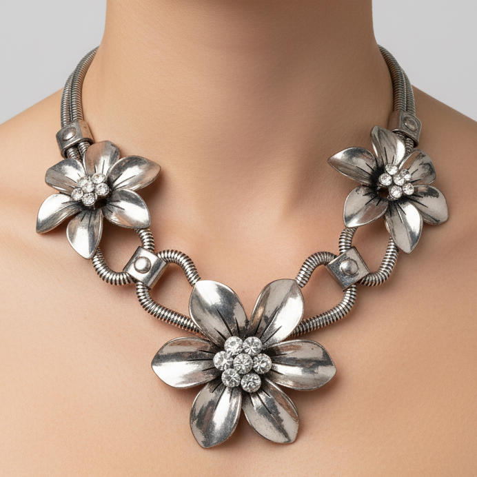 Vintage 1980s Silver-Tone Floral Necklace Three Rhinestone Flowers Snake Chain