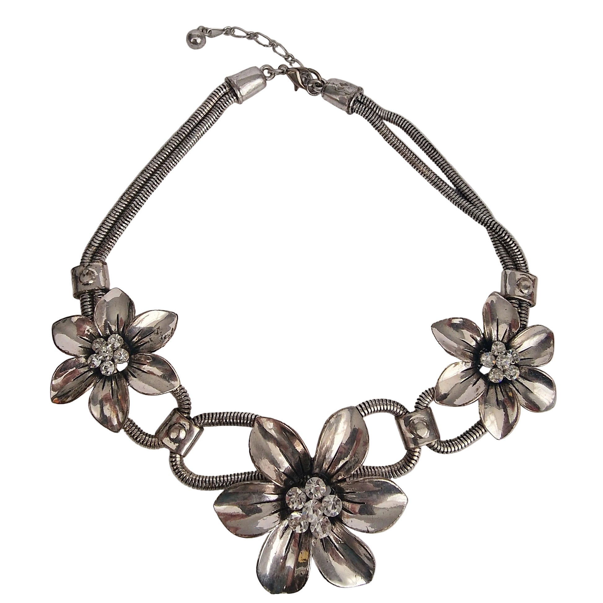 Vintage 1980s Silver-Tone Floral Necklace Three Rhinestone Flowers Snake Chain – photo 2