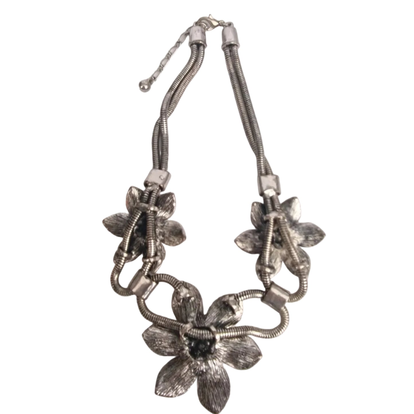 Vintage 1980s Silver-Tone Floral Necklace Three Rhinestone Flowers Snake Chain – photo 3