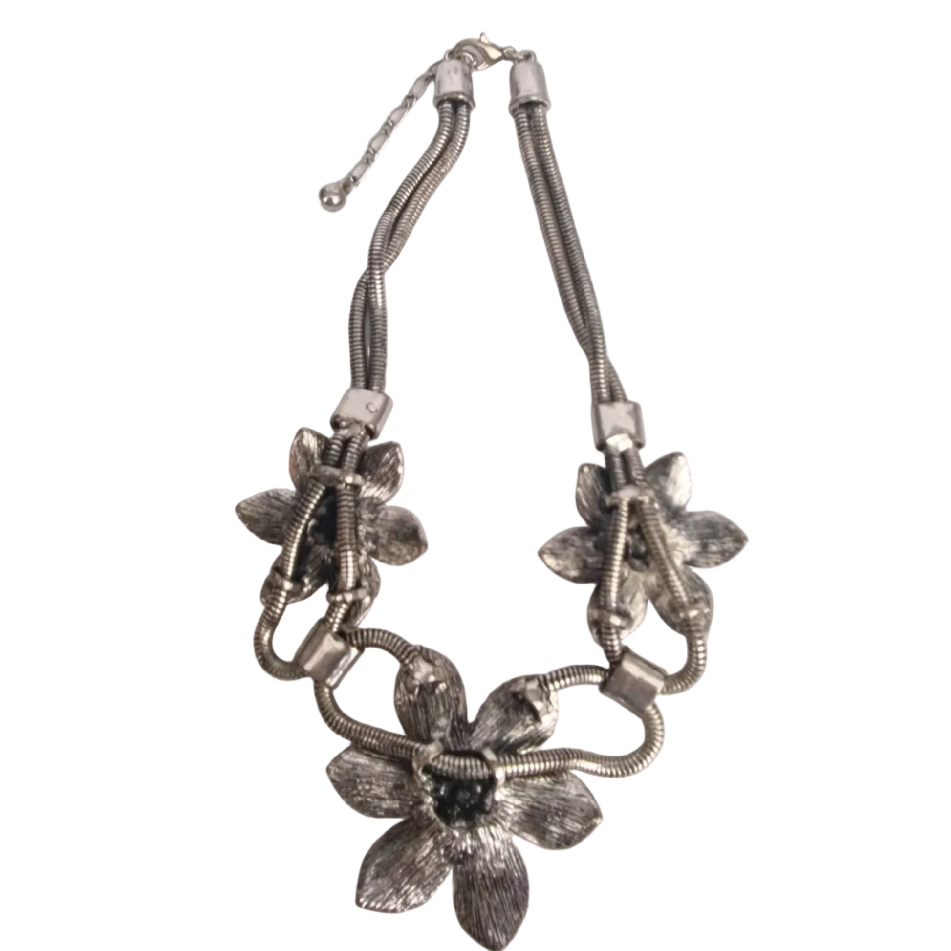 Vintage 1980s Silver-Tone Floral Necklace Three Rhinestone Flowers Snake Chain – photo 3