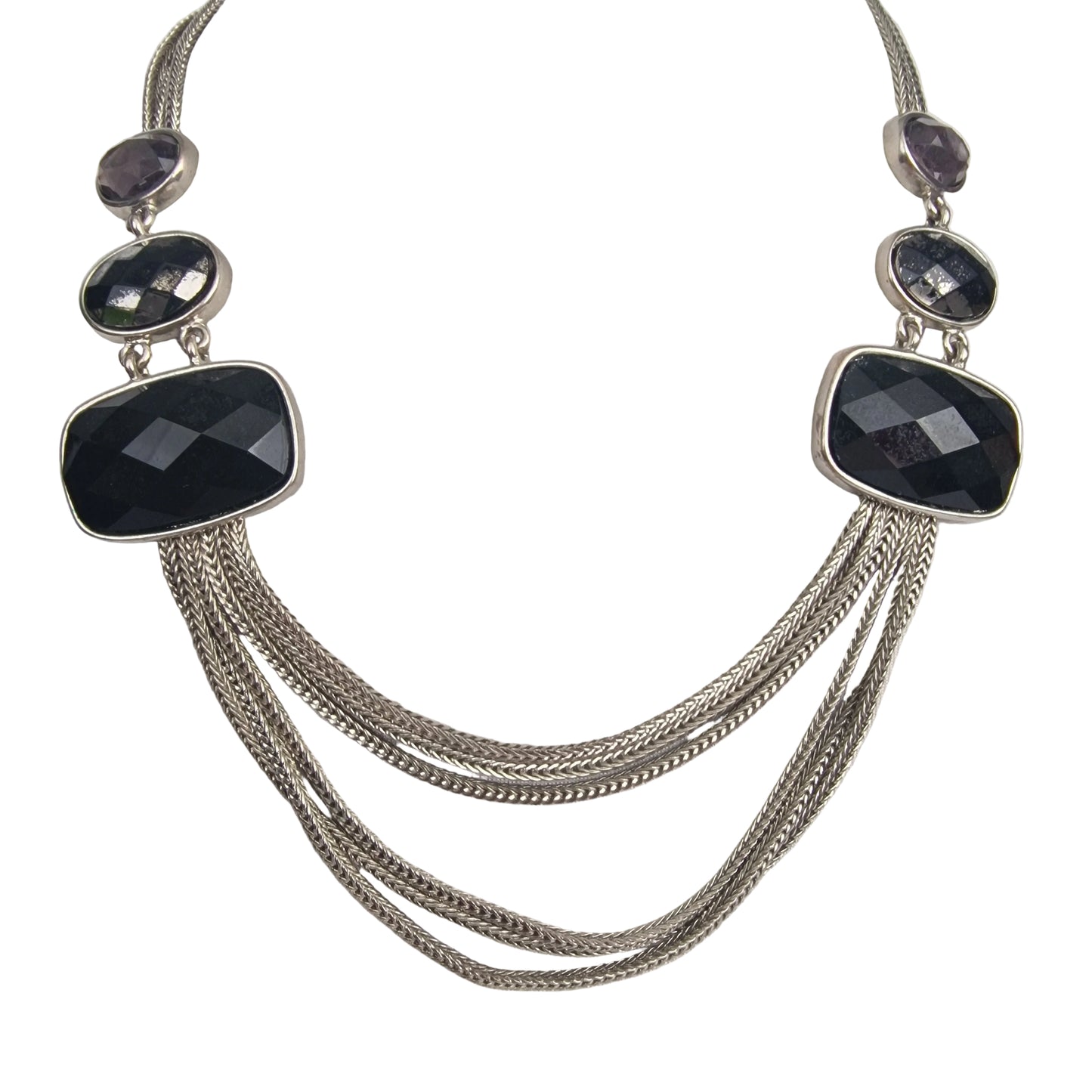 Vintage 1980s Silver-Tone Multi-Strand Necklace Black Purple Rhinestone Costume