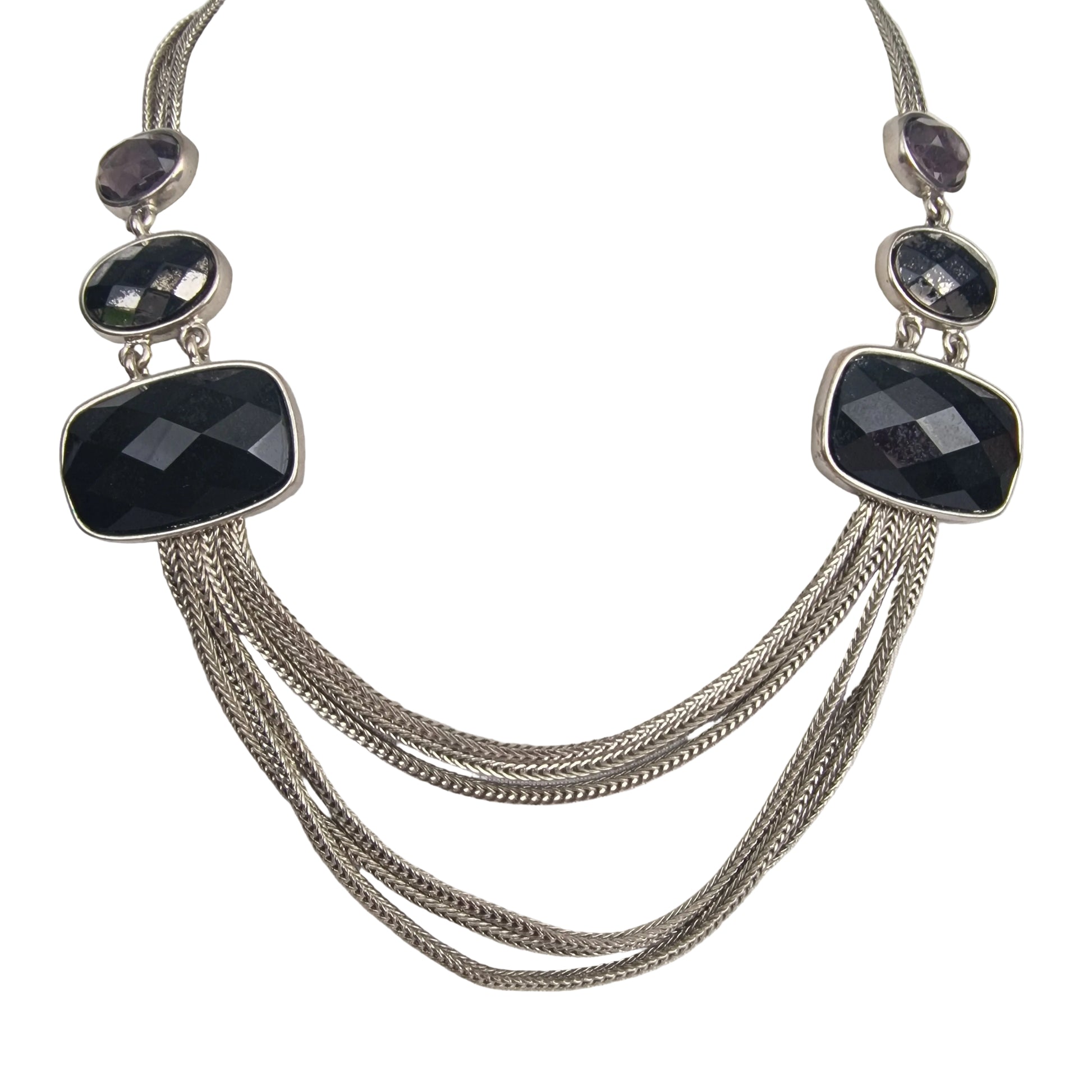 Vintage 1980s Silver-Tone Multi-Strand Necklace Black Purple Rhinestone Costume