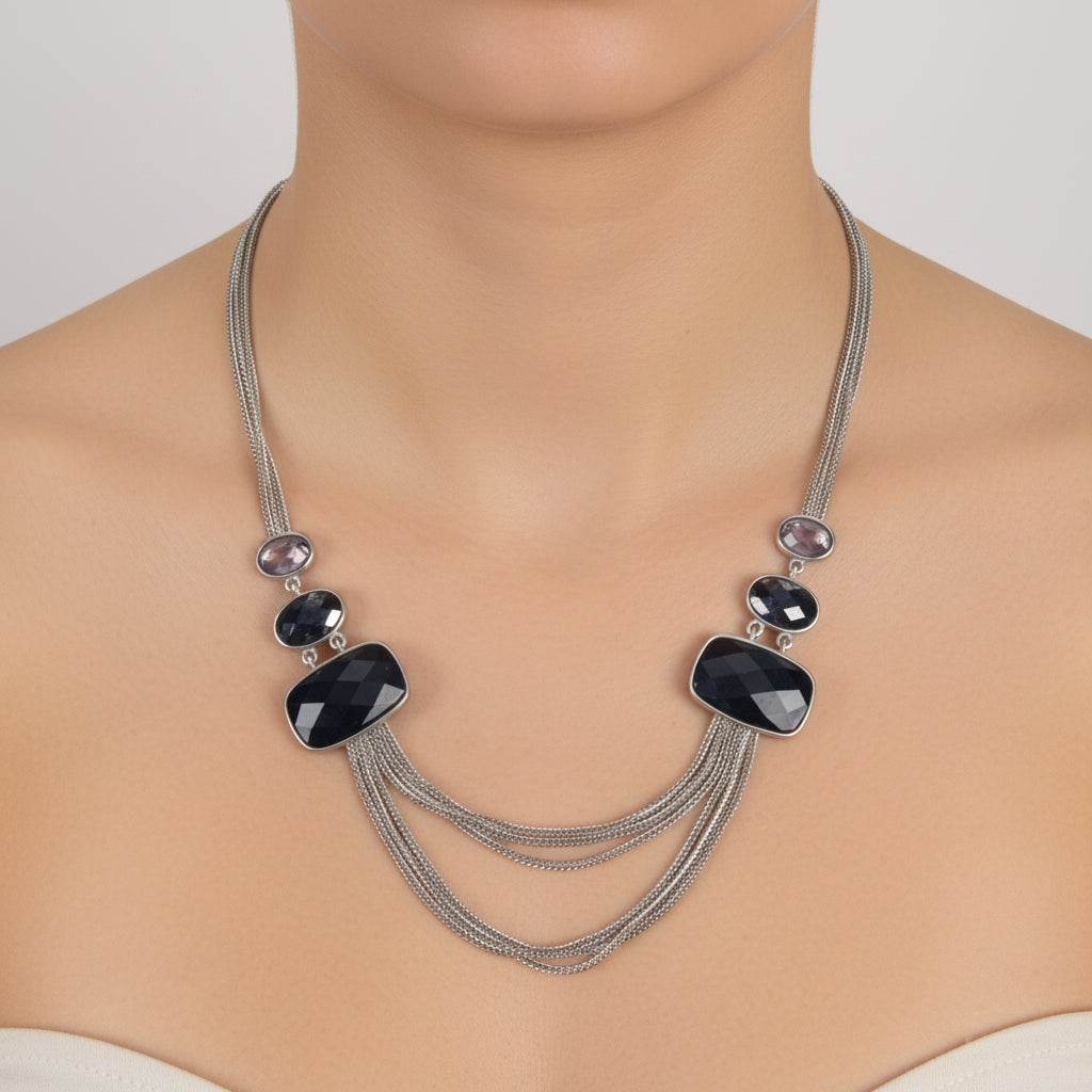 Vintage 1980s Silver-Tone Multi-Strand Necklace Black Purple Rhinestone Costume – photo 2