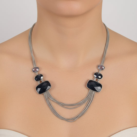 Vintage 1980s Silver-Tone Multi-Strand Necklace Black Purple Rhinestone Costume – photo 2