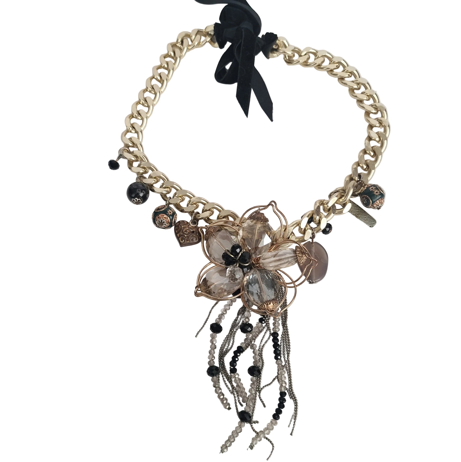 Vintage 2000s Gold-Tone Curb Chain Statement Necklace Floral Wire Crystal Beaded – photo 5