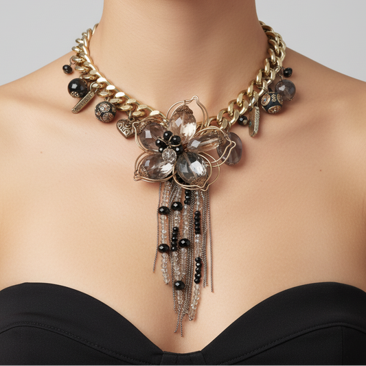 Vintage 2000s Gold-Tone Curb Chain Statement Necklace Floral Wire Crystal Beaded