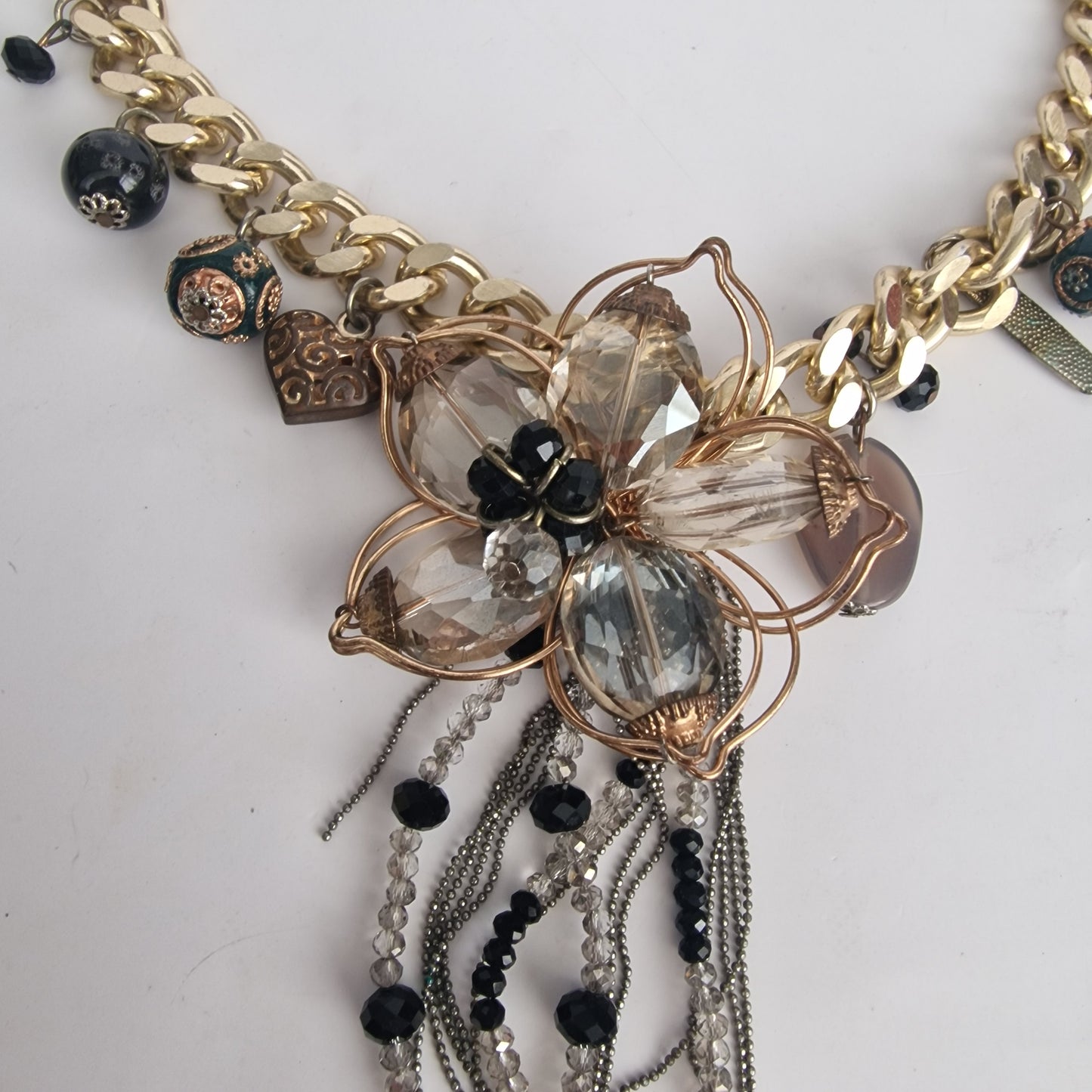 Vintage 2000s Gold-Tone Curb Chain Statement Necklace Floral Wire Crystal Beaded – photo 6