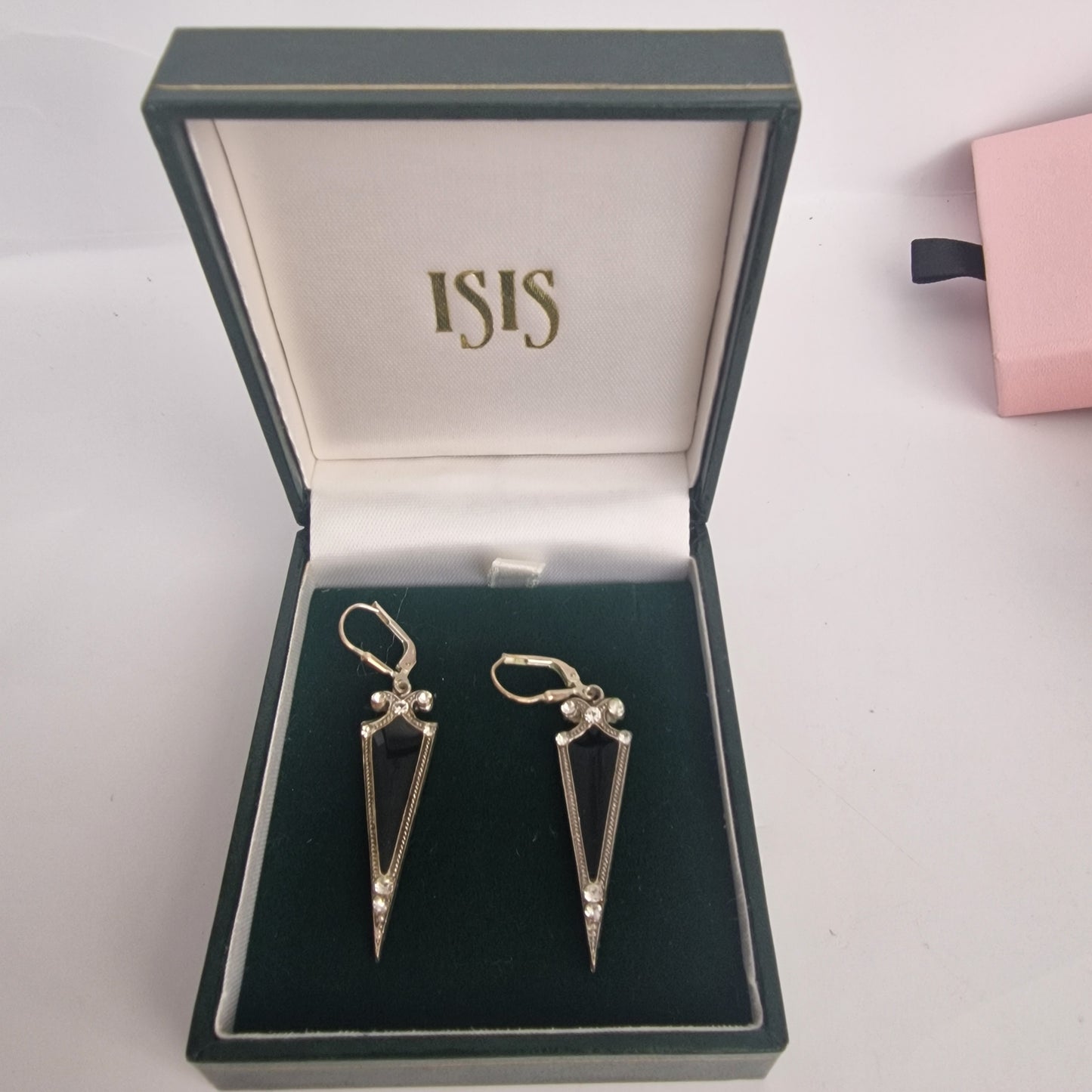 Vintage Isis 1980s Silver-Tone Black Onyx Earrings Art Deco Rhinestone Signed