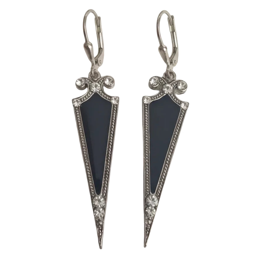 Vintage Isis 1980s Silver-Tone Black Onyx Earrings Art Deco Rhinestone Signed – photo 3