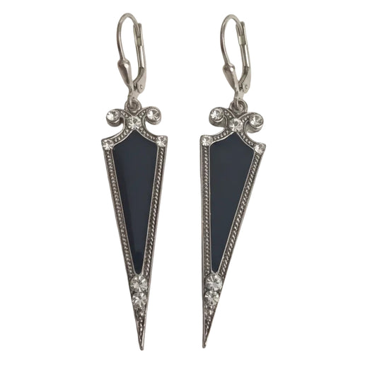 Vintage Isis 1980s Silver-Tone Black Onyx Earrings Art Deco Rhinestone Signed – photo 3