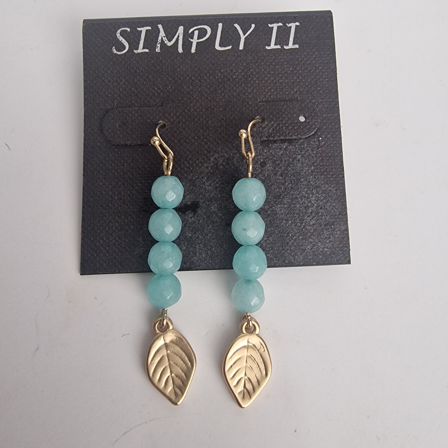 Vintage 1990s Simply II Gold-Tone Aqua Natural Stone Leaf Drop Earrings Hooks