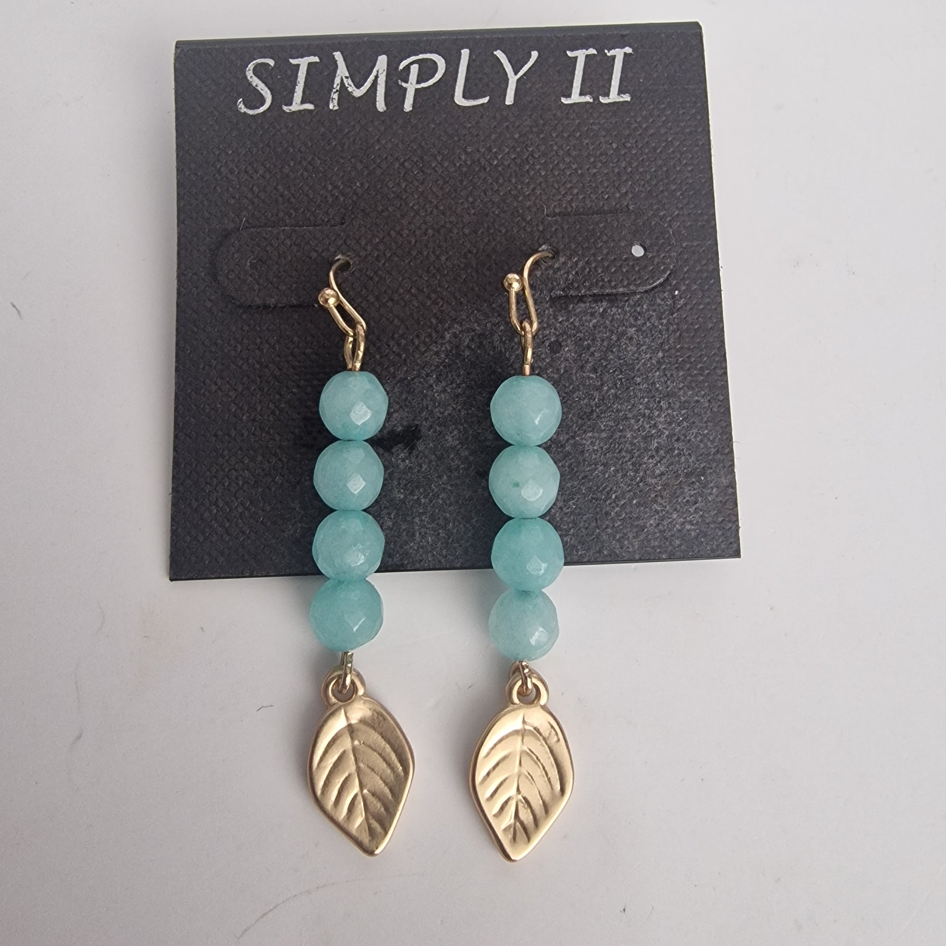 Vintage 1990s Simply II Gold-Tone Aqua Natural Stone Leaf Drop Earrings Hooks