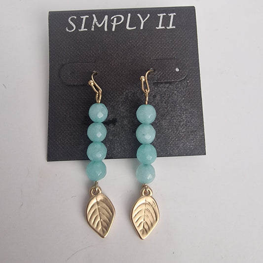 Vintage 1990s Simply II Gold-Tone Aqua Natural Stone Leaf Drop Earrings Hooks