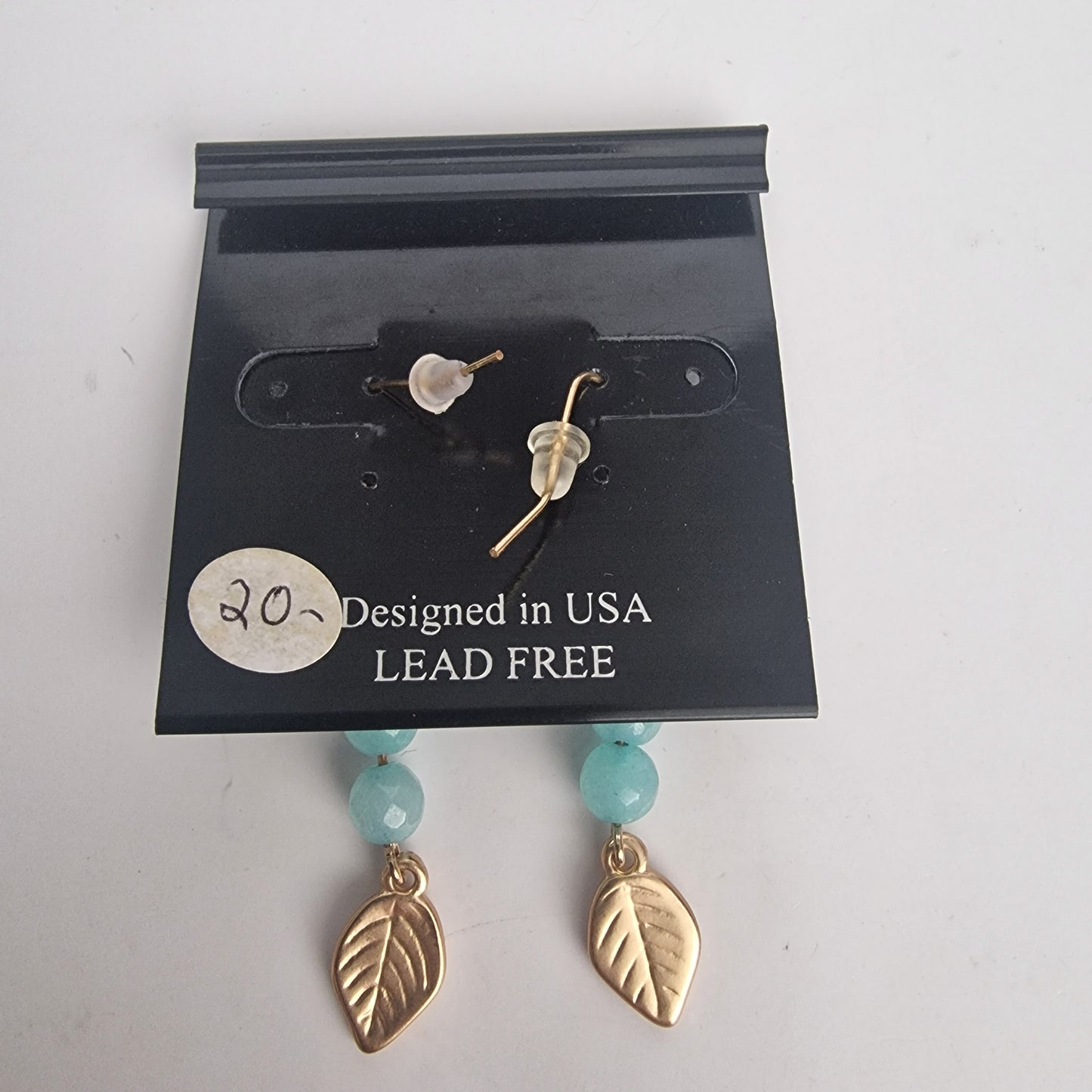 Vintage 1990s Simply II Gold-Tone Aqua Natural Stone Leaf Drop Earrings Hooks – photo 3