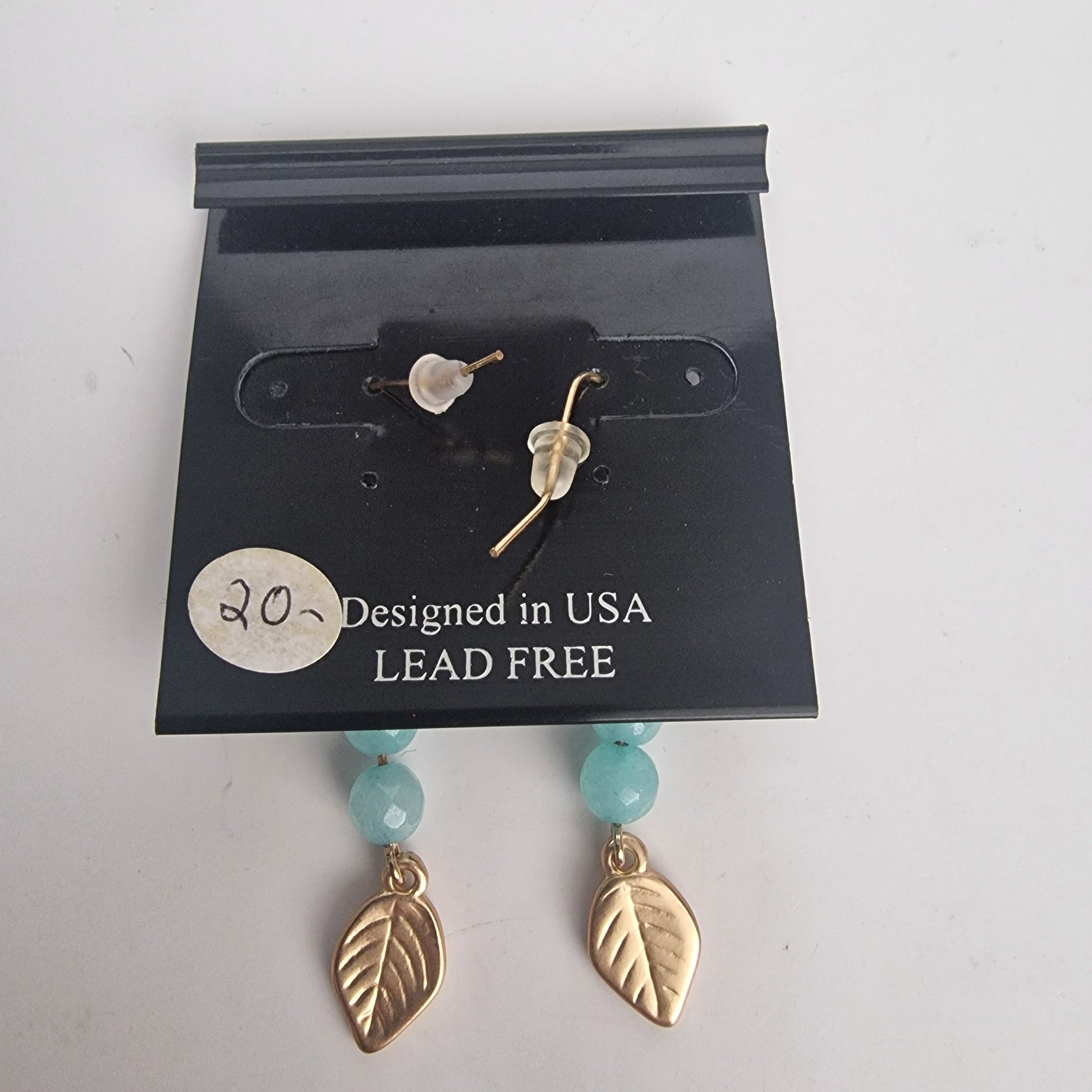 Vintage 1990s Simply II Gold-Tone Aqua Natural Stone Leaf Drop Earrings Hooks – photo 3