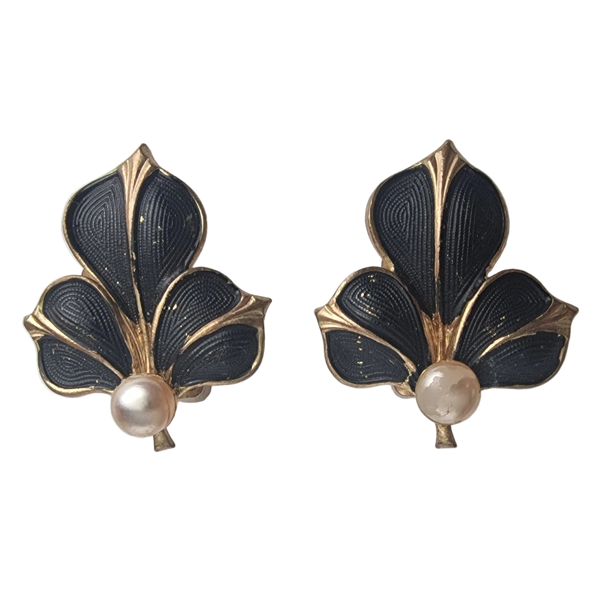 Vintage 1960s Black Gold-Tone Enamel Clip-On Earrings Floral Leaf Faux Pearl Pin
