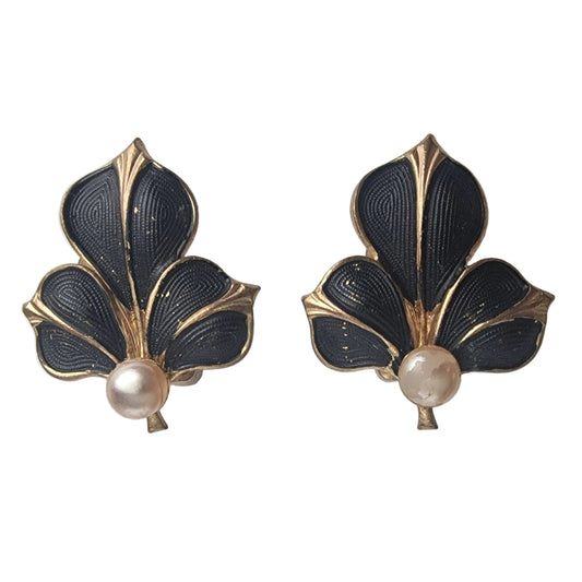 Vintage 1960s Black Gold-Tone Enamel Clip-On Earrings Floral Leaf Faux Pearl Pin
