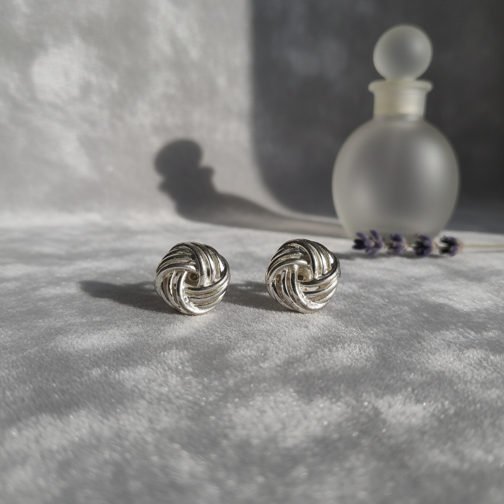 Vintage 1980s Silver-Tone Love Knot Clip-On Earrings Retro Rope Twist Geometric