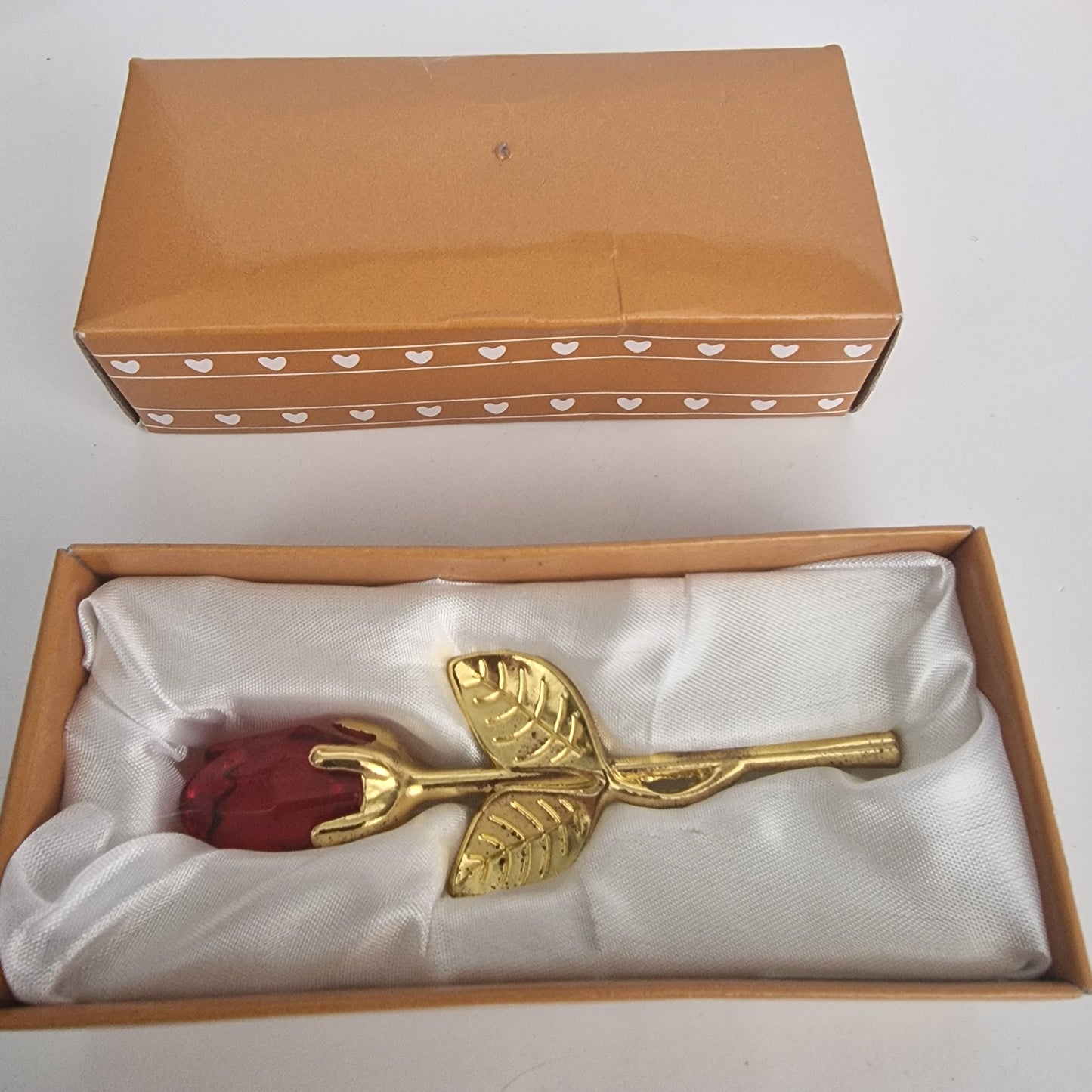 Vintage 1980s Gold-Tone Red Glass Rose Stem Figurine Romantic Floral Ornament