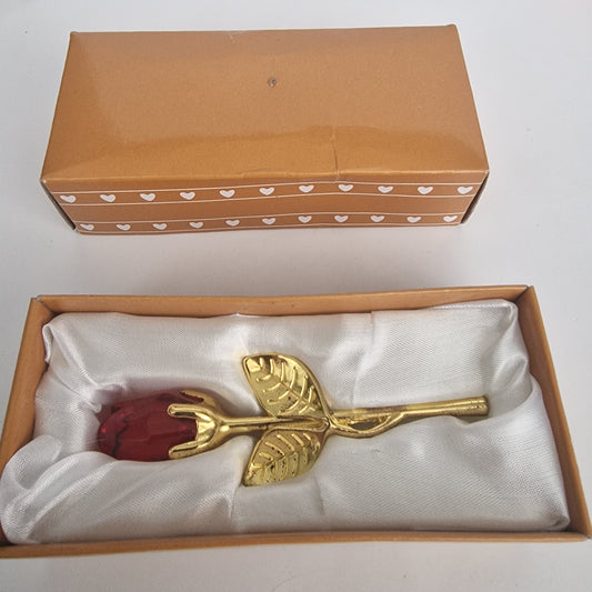 Vintage 1980s Gold-Tone Red Glass Rose Stem Figurine Romantic Floral Ornament
