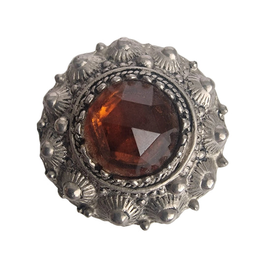 Vintage 1970s Silver-Tone Ornate Dome Brooch Amber Glass Rhinestone Costume Pin