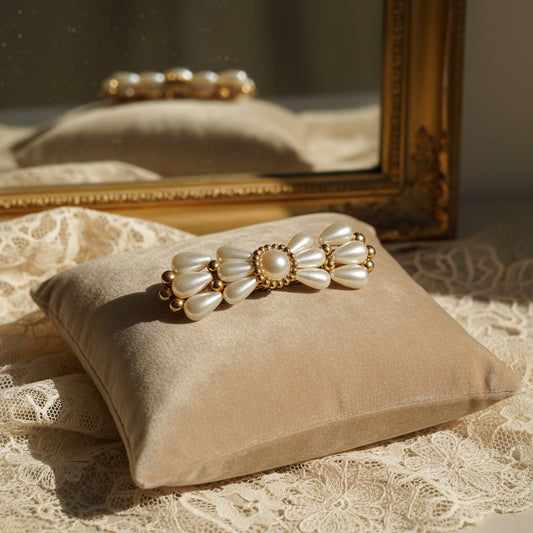 Vintage 1990s Gold-Tone Faux Pearl Hair Clip Barrette Wedding Bridal Accessory