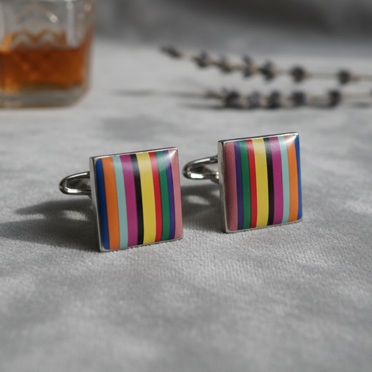Vintage 1970s Silver-Tone Multicolor Enamel Striped Square Cufflinks Geometric