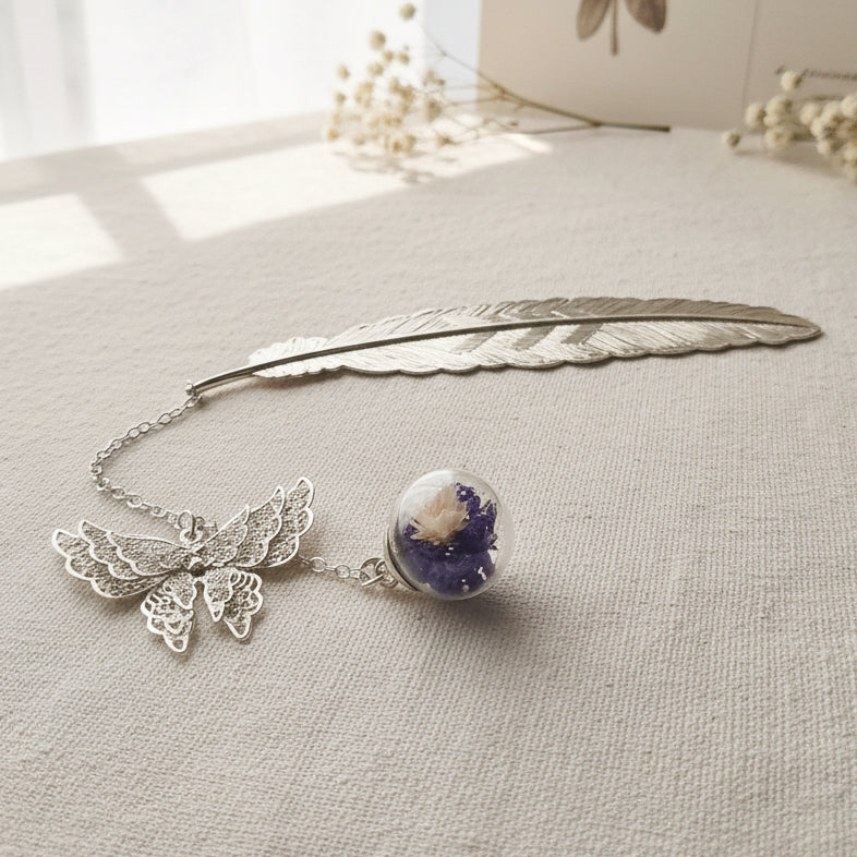 Vintage-Style Silver-Tone Feather Bookmark Butterfly Floral Glass Globe Charm