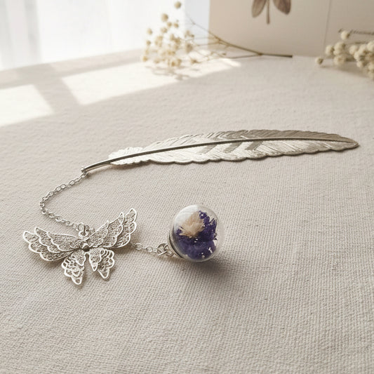 Vintage-Style Silver-Tone Feather Bookmark Butterfly Floral Glass Globe Charm