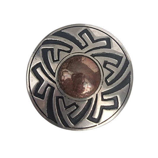 Vintage Gito 1970s Silver-Tone Geometric Brooch Natural Jasper Cabochon Maze Pin – photo 2