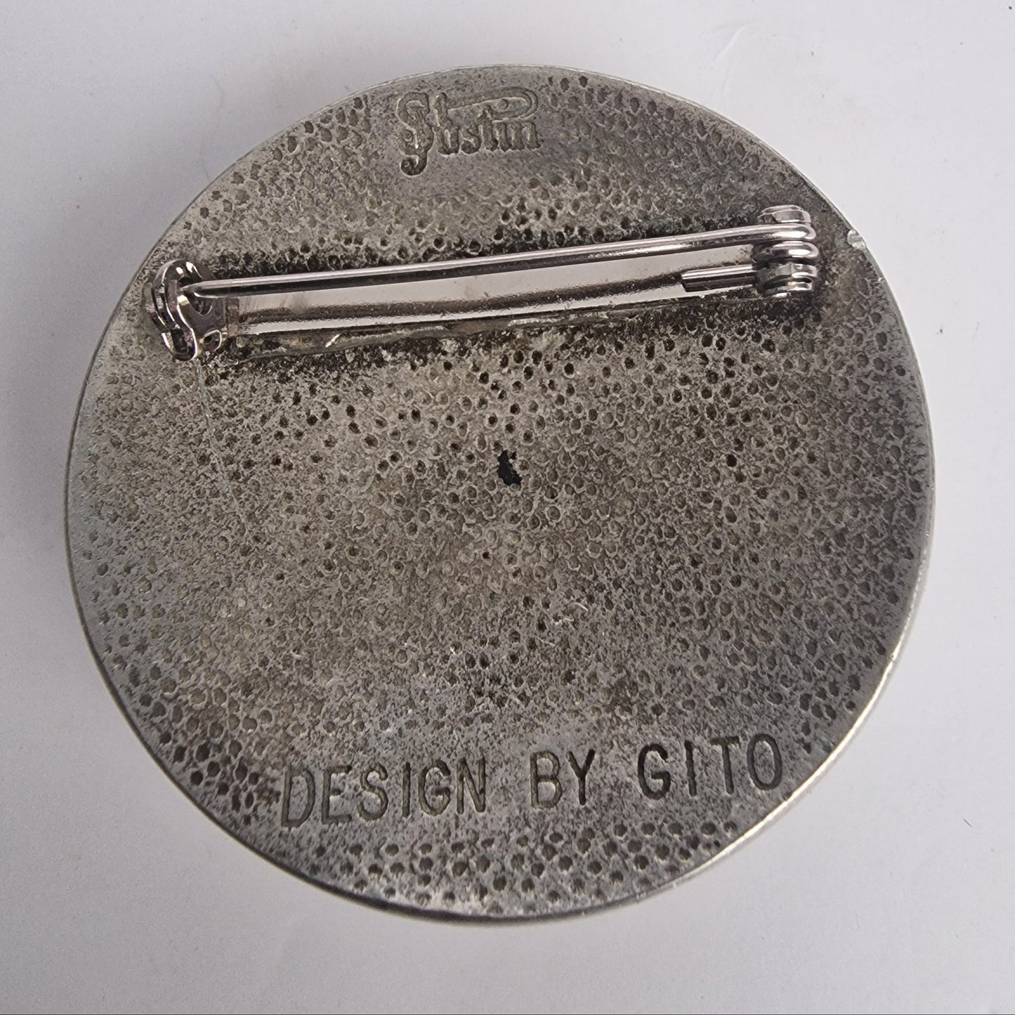 Vintage Gito 1970s Silver-Tone Geometric Brooch Natural Jasper Cabochon Maze Pin – photo 4