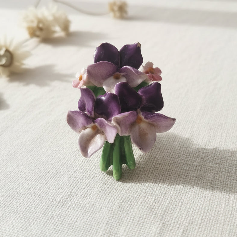 Vintage Denton China 1950s Purple Floral Brooch Bone China England Bouquet Pin