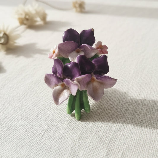 Vintage Denton China 1950s Purple Floral Brooch Bone China England Bouquet Pin