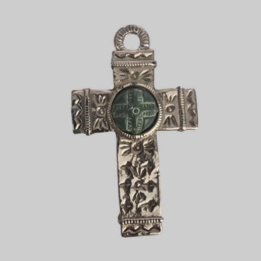 Vintage 1970s Silver-Tone Byzantine Cross Pendant Green Intaglio Stone Religious