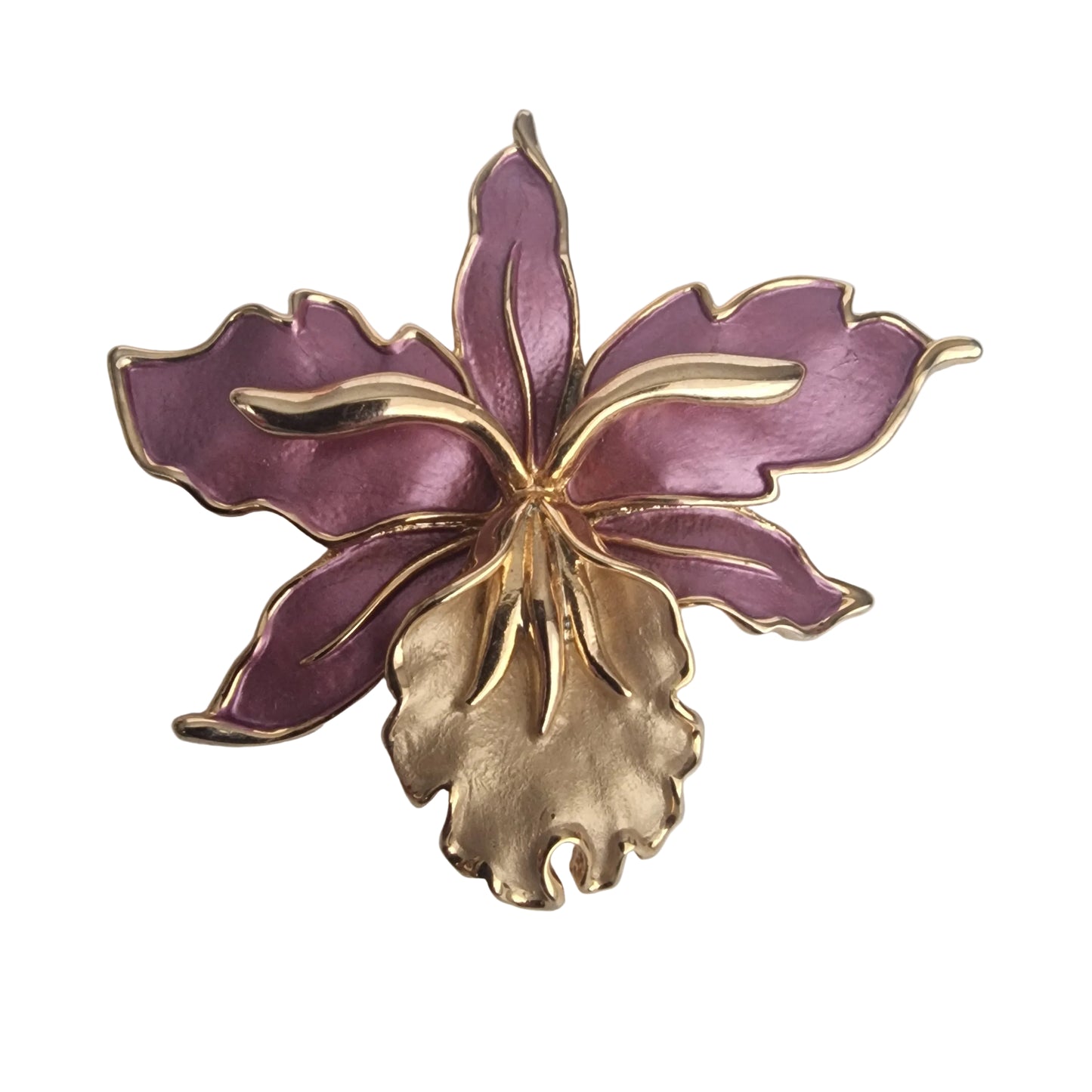 Vintage 1970s Gold-Tone Purple Enamel Orchid Flower Brooch Costume Floral Pin