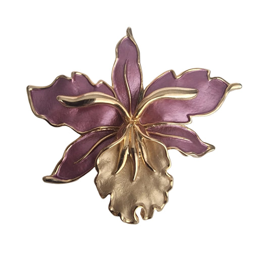 Vintage 1970s Gold-Tone Purple Enamel Orchid Flower Brooch Costume Floral Pin