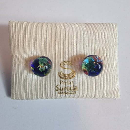 Vintage Perlas Sureda 1990s Silver-Tone Blue Multi-Color Art Glass Stud Earrings